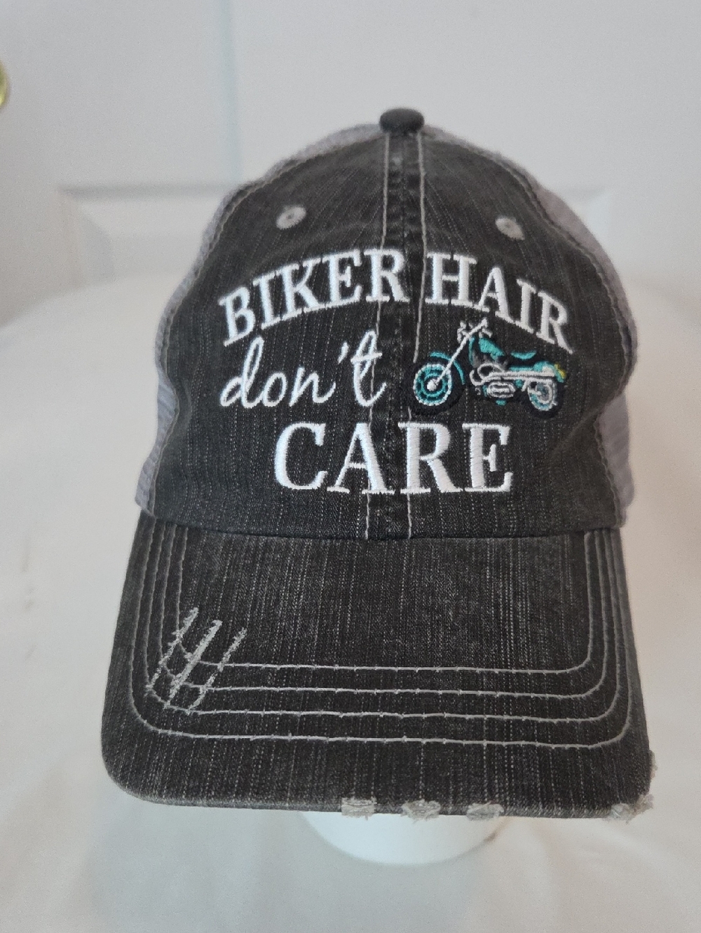 Biker Hair Don't Care Embroidered Trucker Hat -Denim Light Black